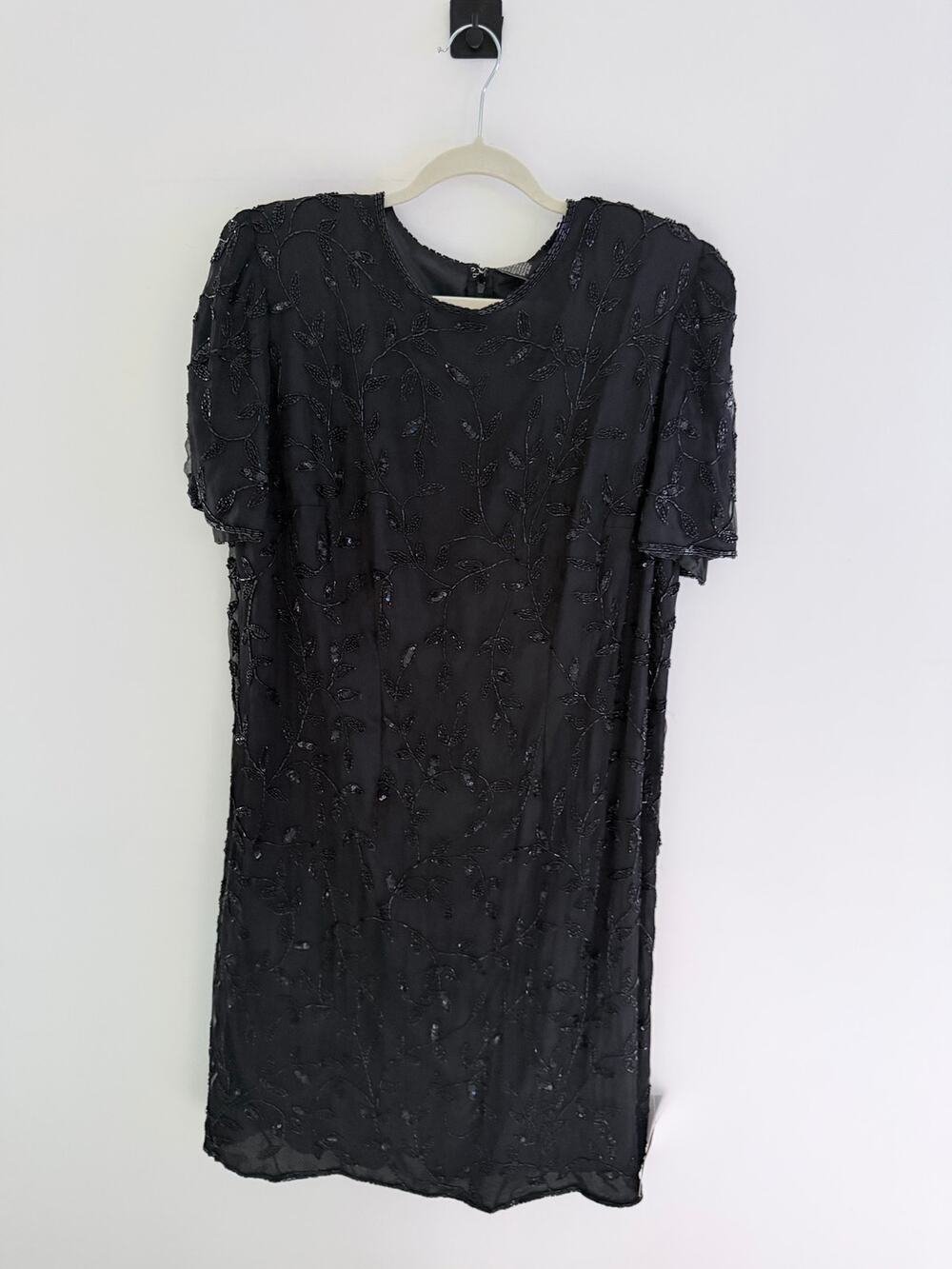 Vintage Lane Bryant 100% Silk Beaded Black Leaf Cocktail Dress-Size 14/16